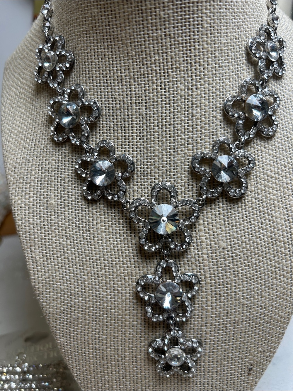 Crystal Flower Statement Necklace - Silver Tone